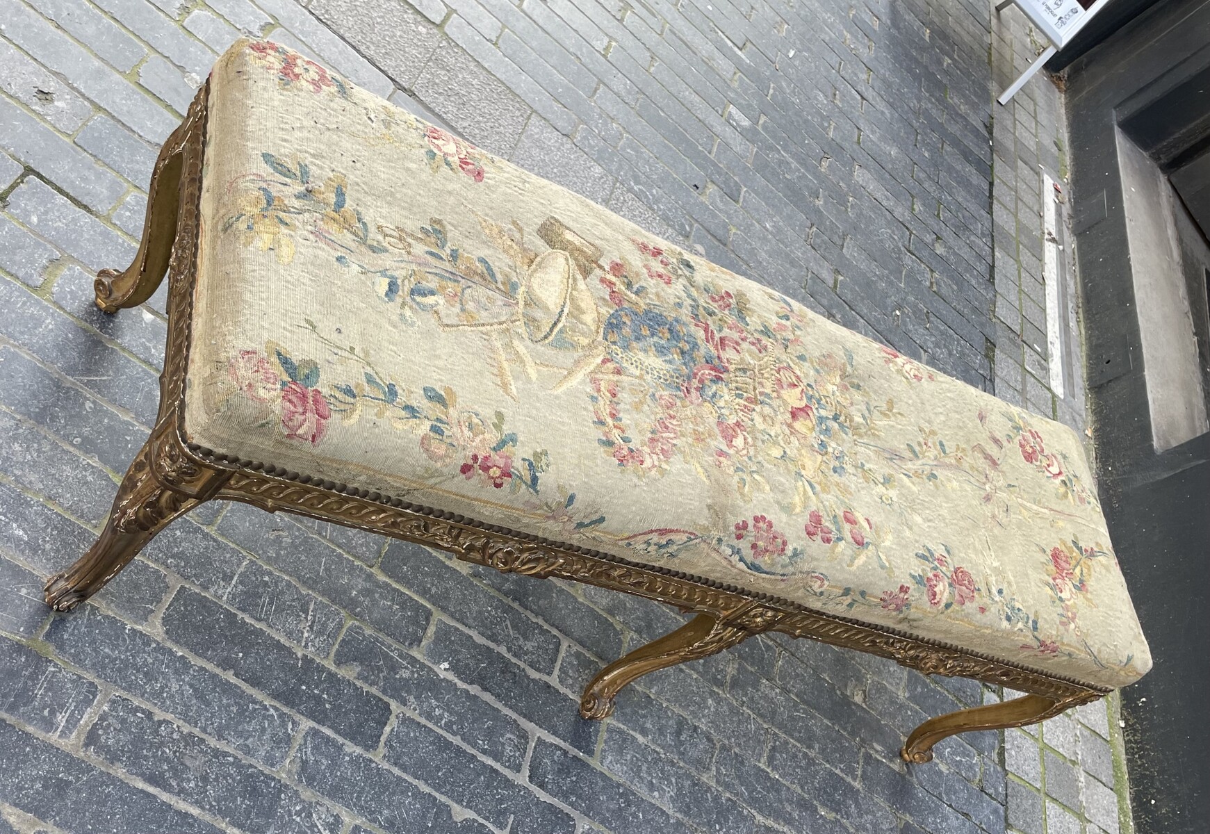 Large six-feet finely carved Louis XVI style bench covered with 18th century tapestry.
