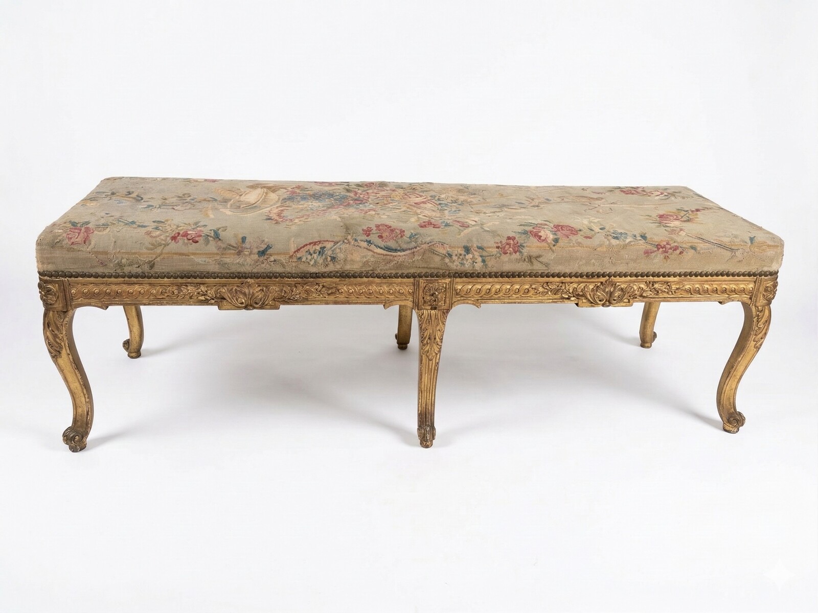 Large six-feet finely carved Louis XVI style bench covered with 18th century tapestry.