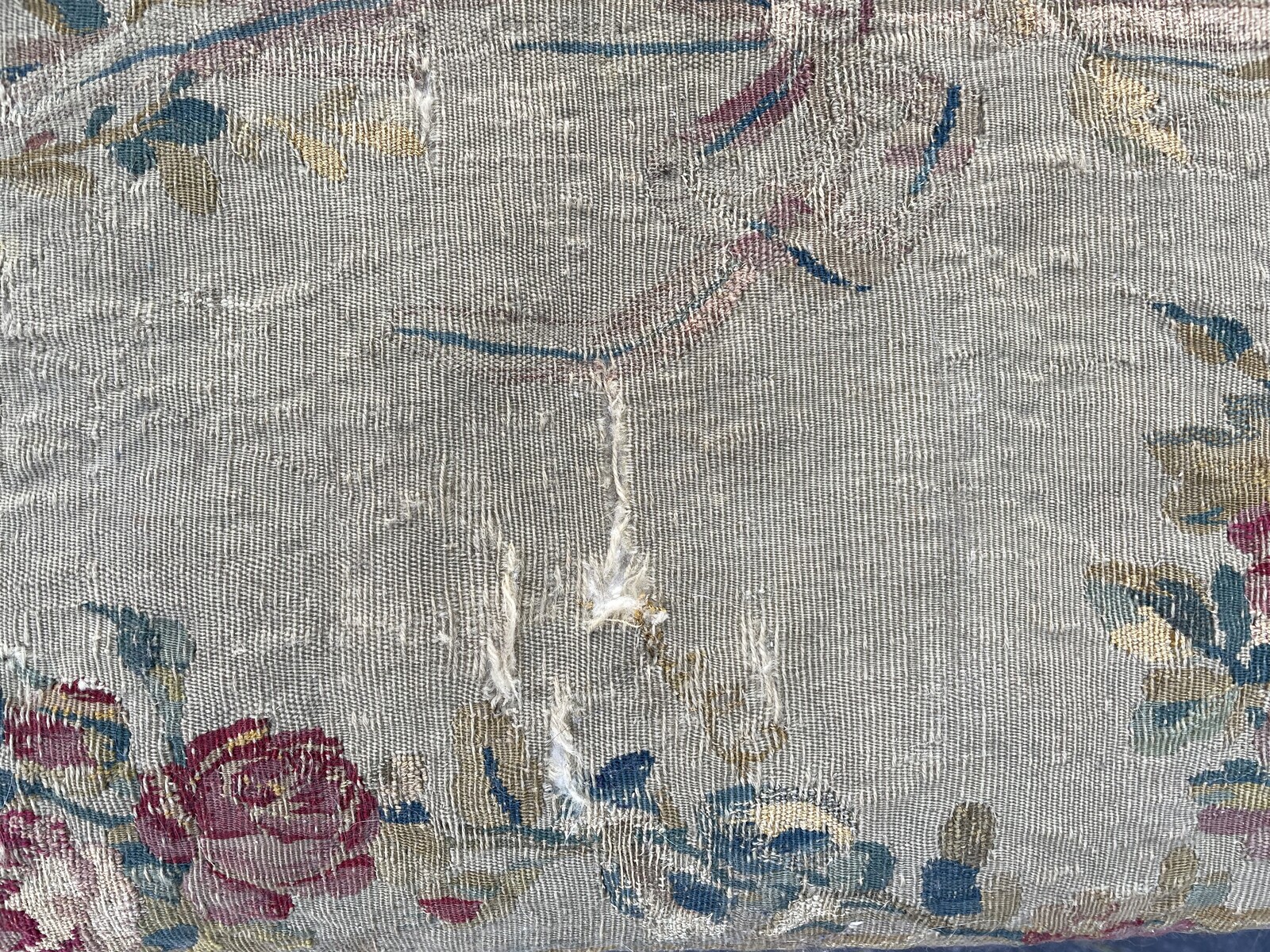 Large six-feet finely carved Louis XVI style bench covered with 18th century tapestry.