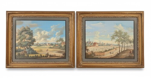 Pair of depictions of lively villages. gilded and carved wooden frames. Circle of Lazare