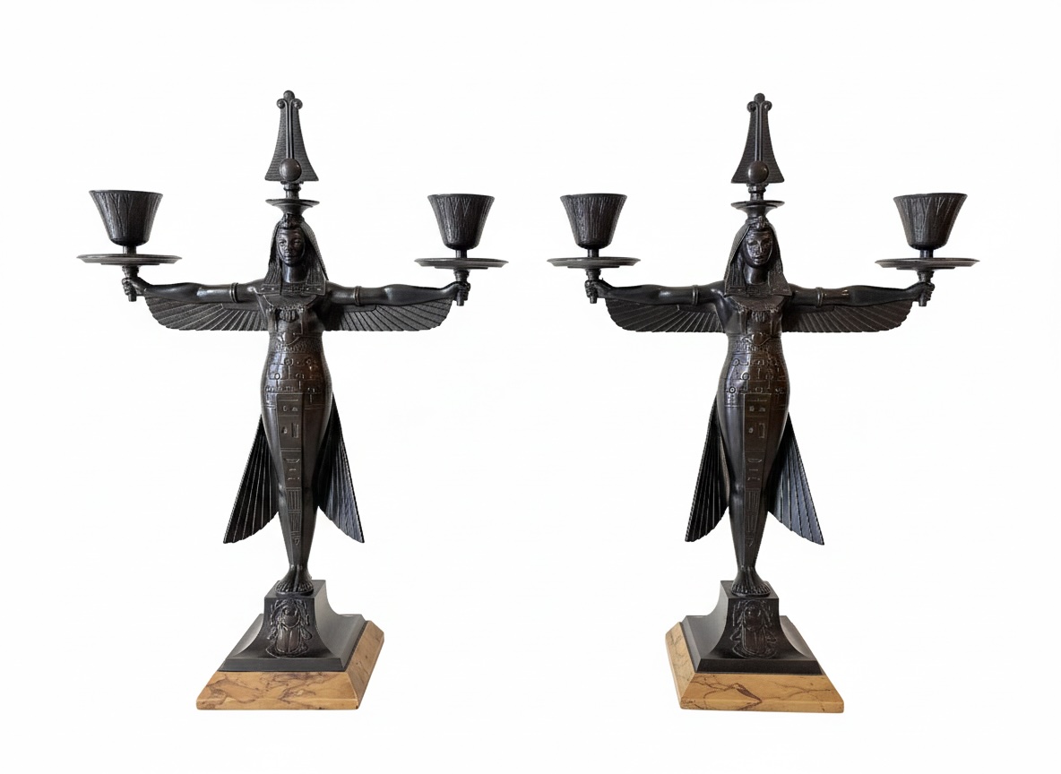 Pair of double candlesticks in the Egyptian revival style