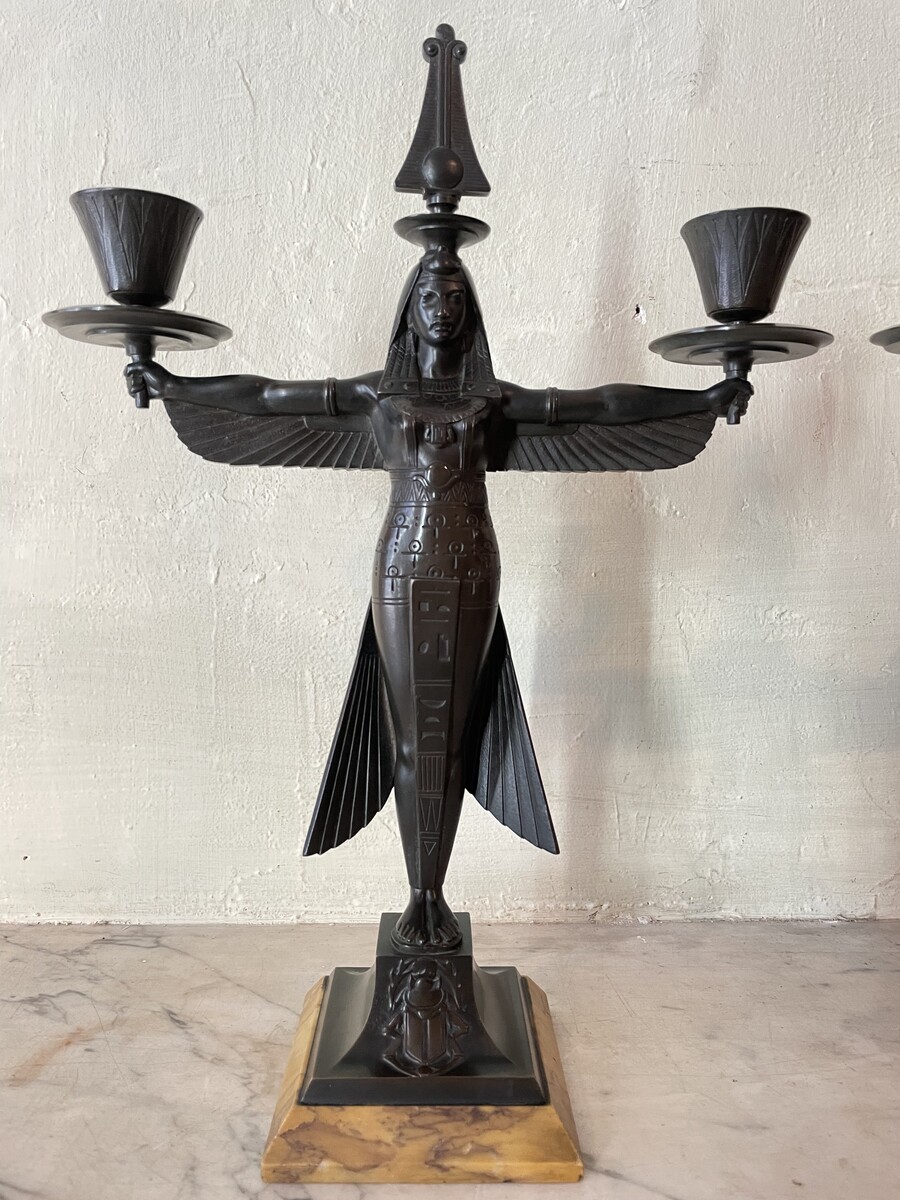 Pair of double candlesticks in the Egyptian revival style