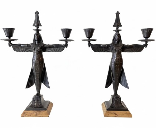 Pair of double candlesticks in the Egyptian revival style
