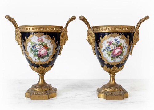 Pair of mounted vases in  Sevres style with floral decoration and gallant scenes