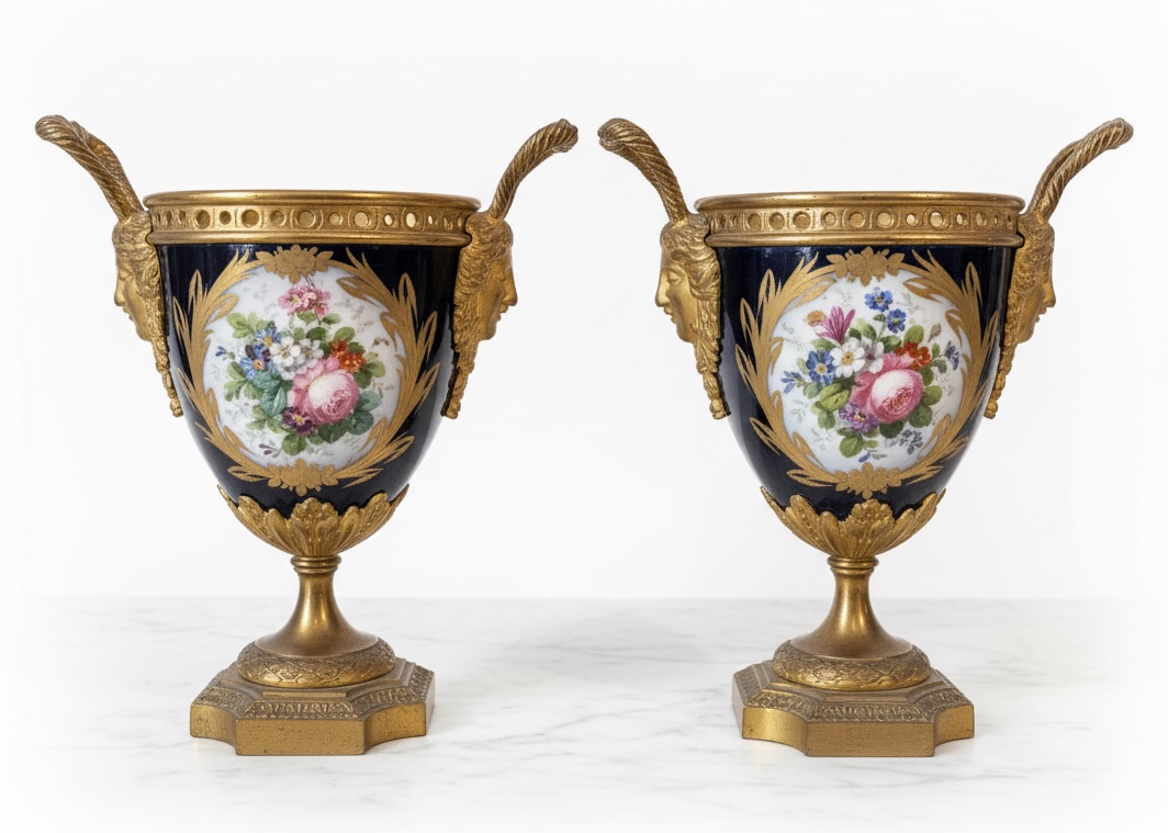 Pair of mounted vases in  Sevres style with floral decoration and gallant scenes
