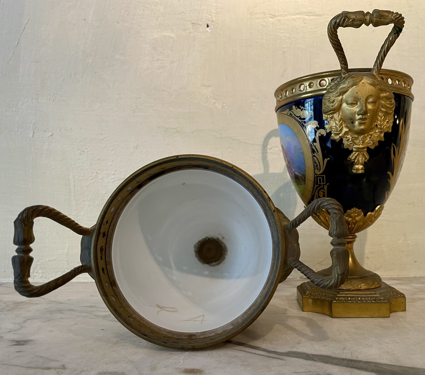 Pair of mounted vases in  Sevres style with floral decoration and gallant scenes