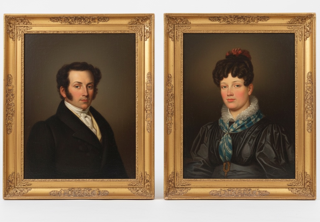 Pair of portraits, notable couple in their original frame