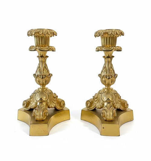 Pair of small candlesticks with vegetal and shell decoration