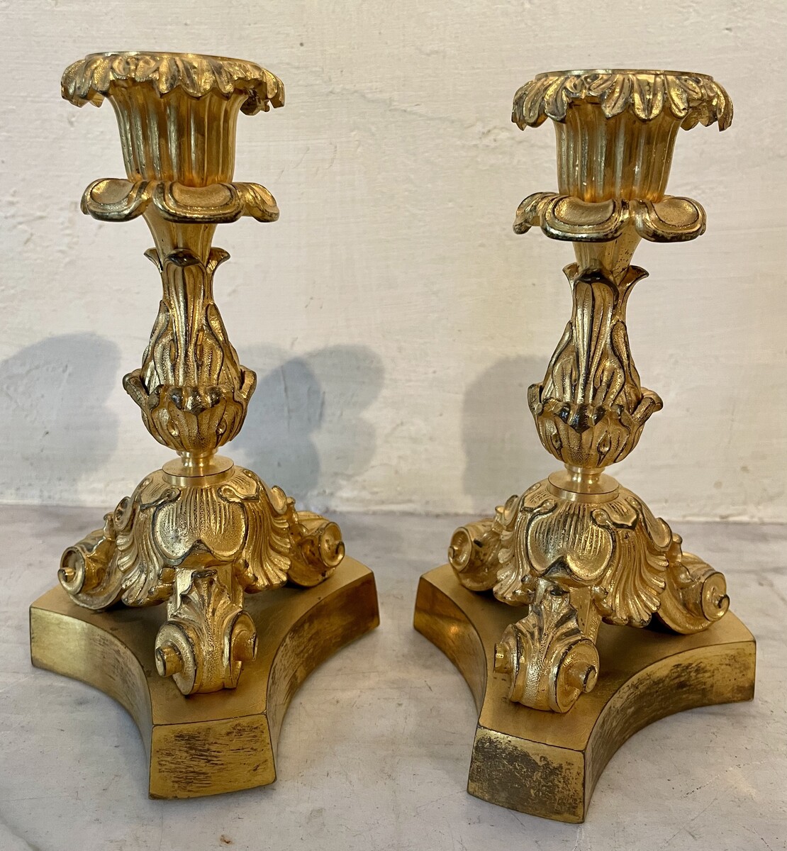Pair of small candlesticks with vegetal and shell decoration