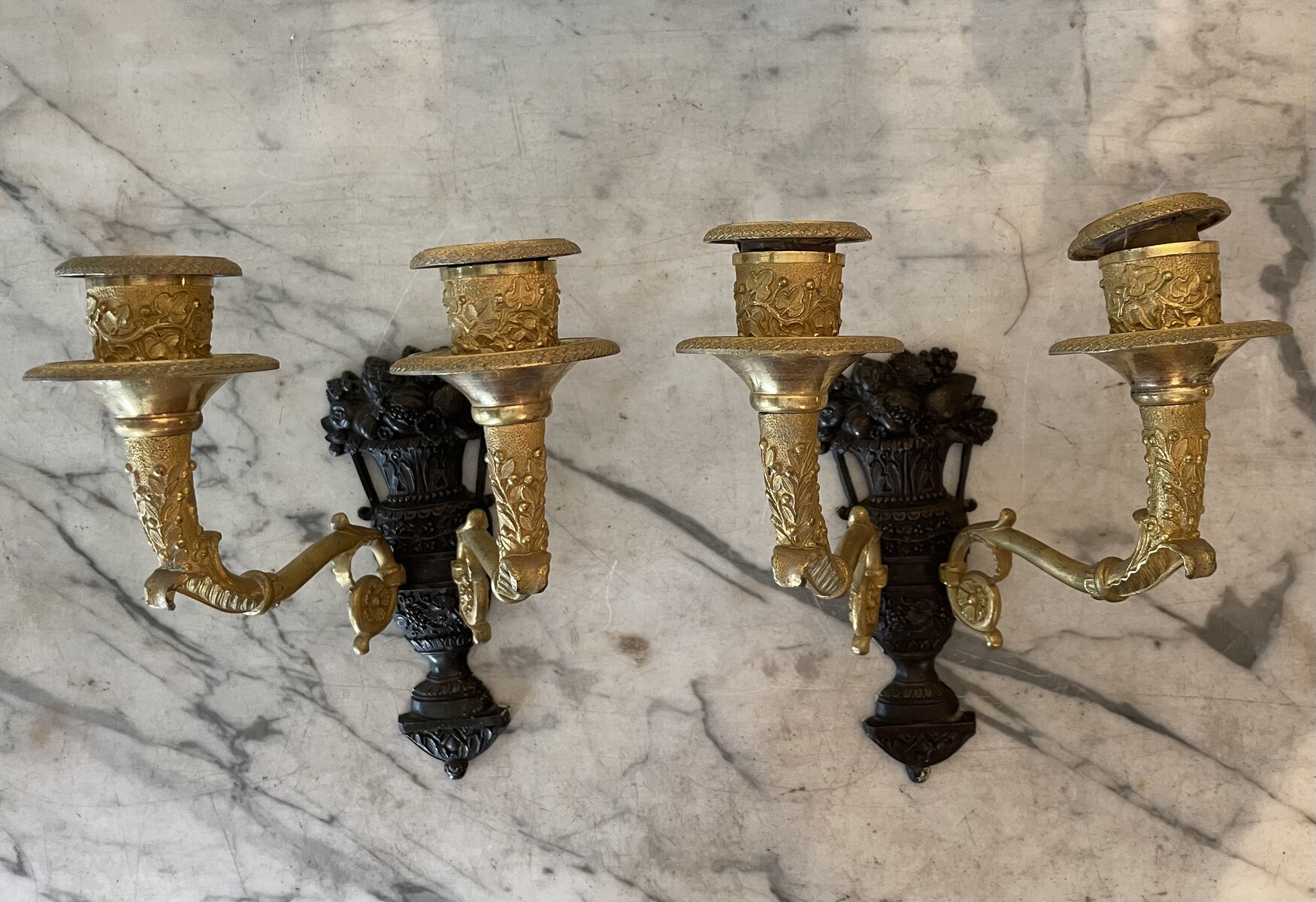 Pair of wall lights with two arms of light decorated with garnished basins
