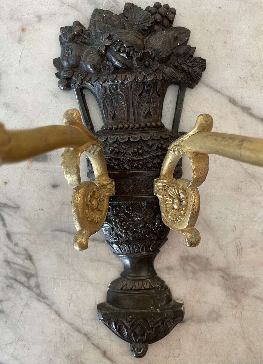 Pair of wall lights with two arms of light decorated with garnished basins