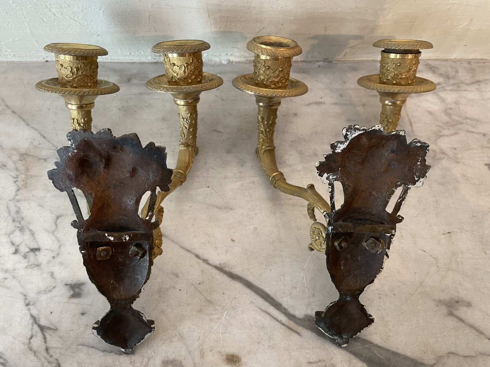 Pair of wall lights with two arms of light decorated with garnished basins