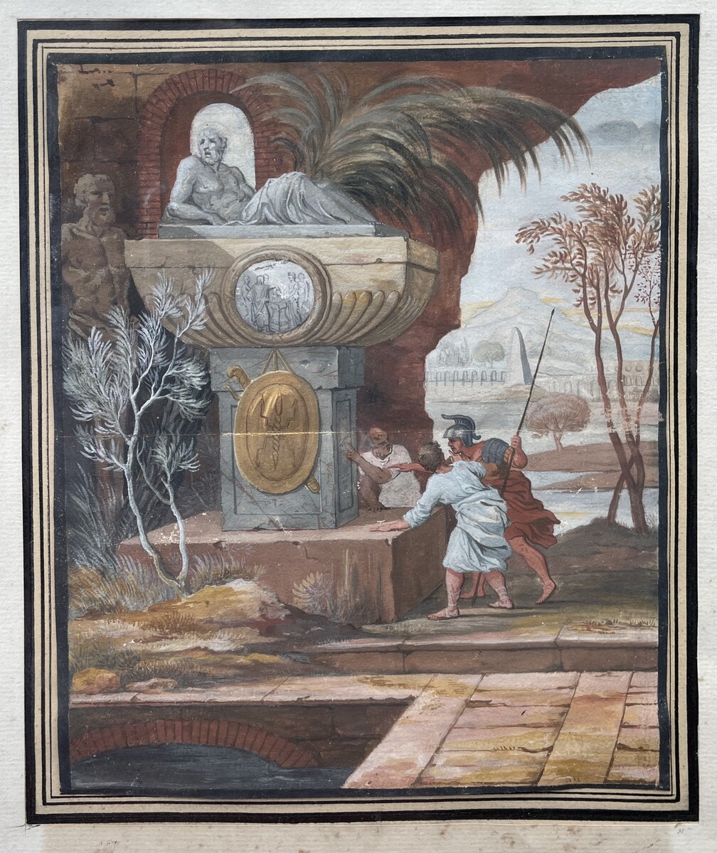 View of a scene from antiquity. Characters discussing around a monument.