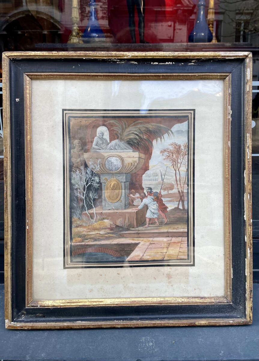 View of a scene from antiquity. Characters discussing around a monument.